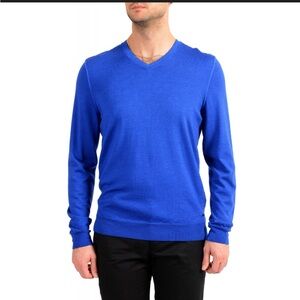 HUGO BOSS Luxurious Wool Silk Regular Fit Cobalt Blue V-Neck Light Knit Sweater